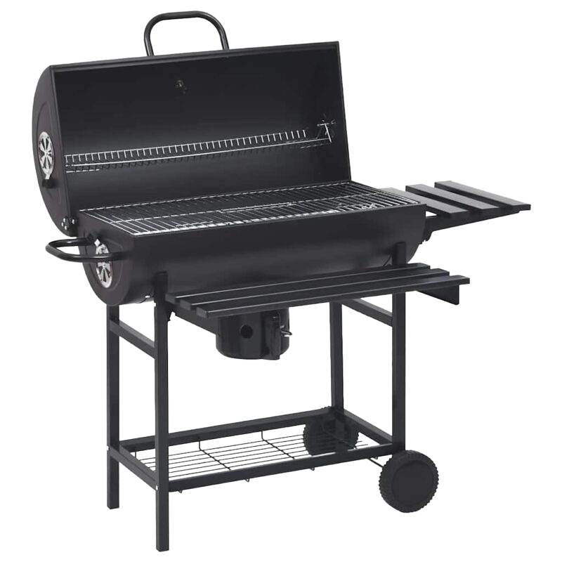 Ratastega söegrill soojendusresti ja külglauaga, must, 115 × 64 × 93 cm
