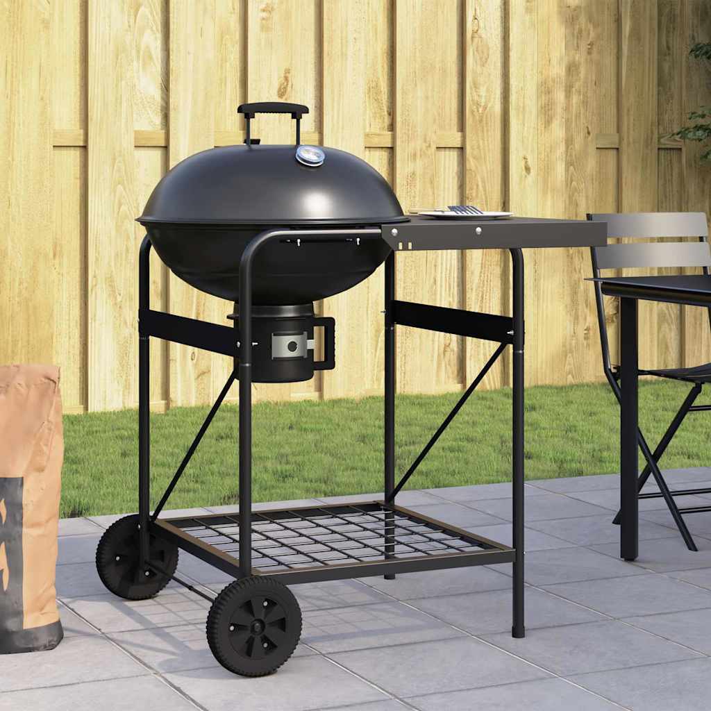 Ratastega söegrill kaane ja külglauaga, must, 91 × 71 × 107 cm