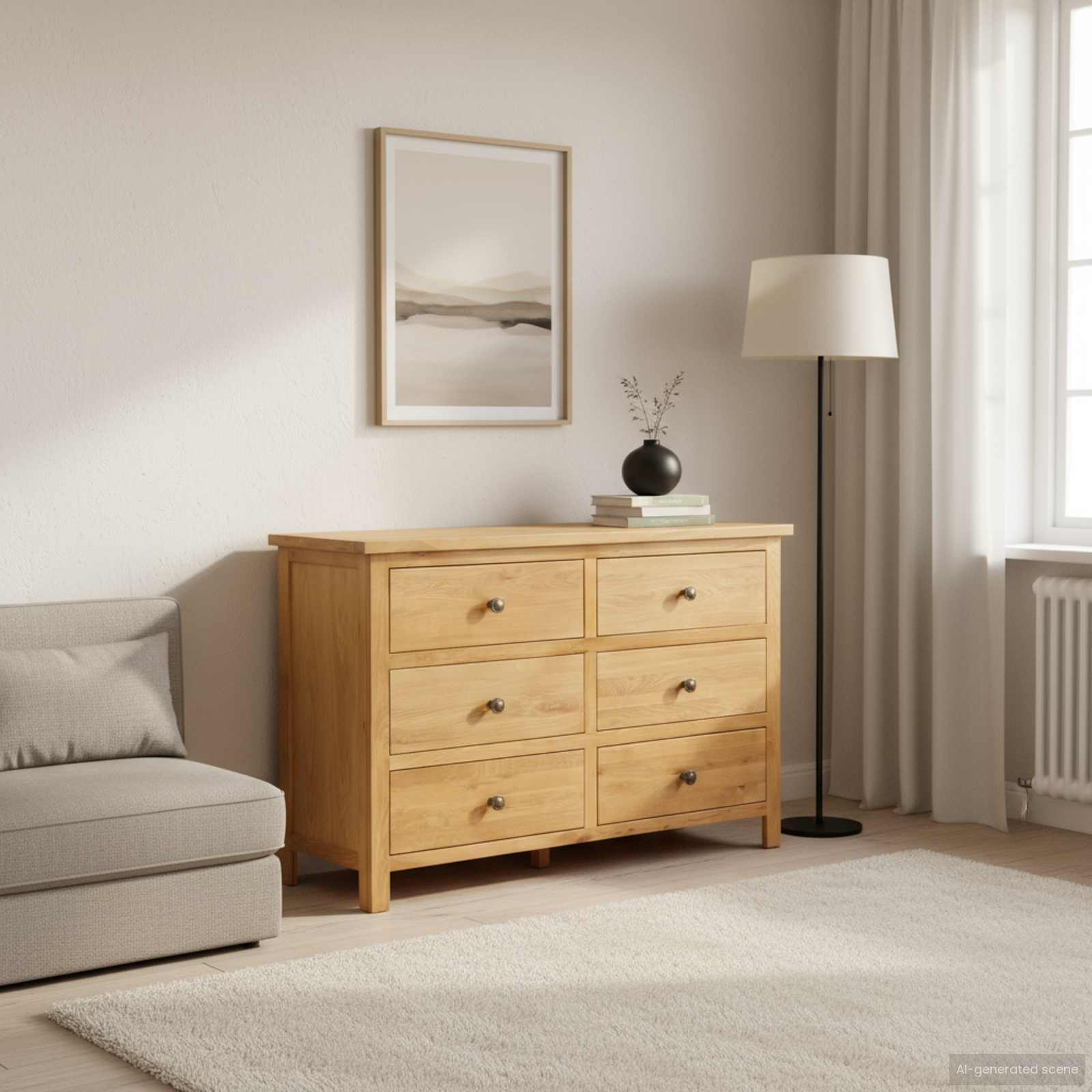 Kuue sahtliga tammepuidust kummut, 105 × 33,5 × 73 cm