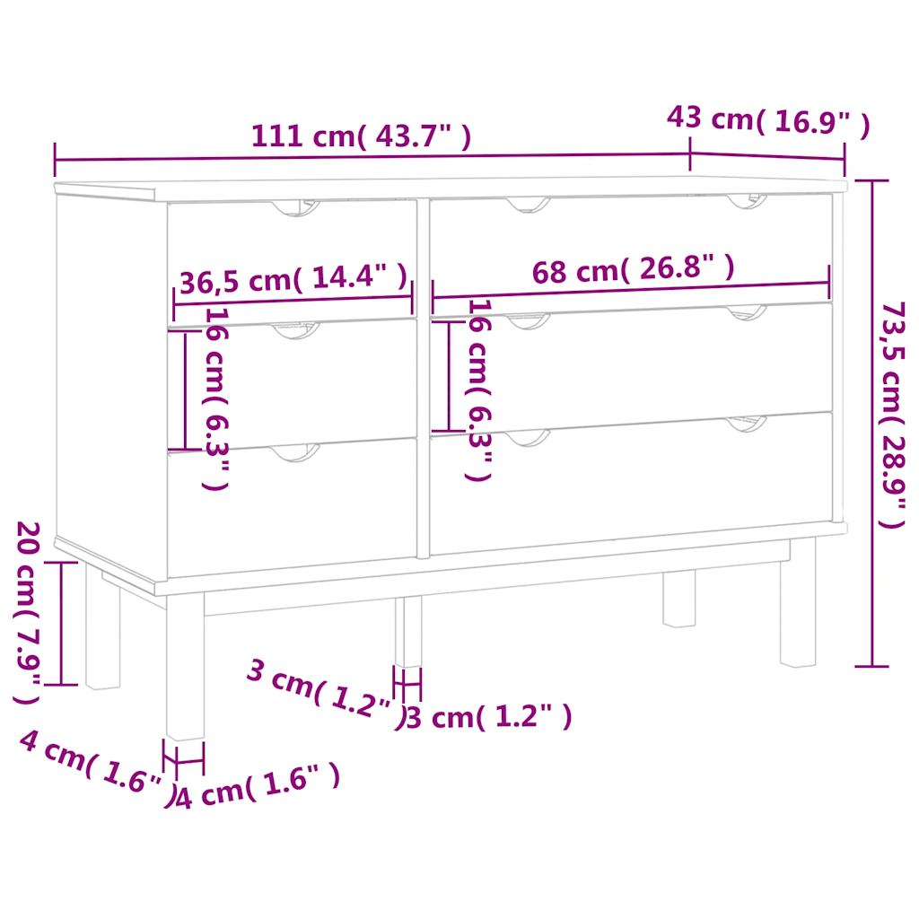 Kuue sahtliga männipuidust kummut OTTA, 111 × 43 × 73,5 cm - Pilt 9