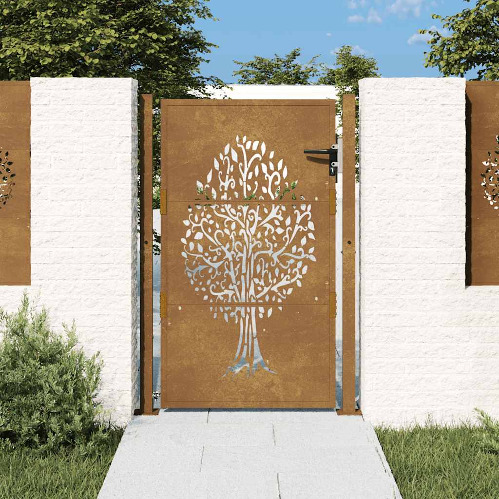 Corten-terasest aiavärav puumustriga