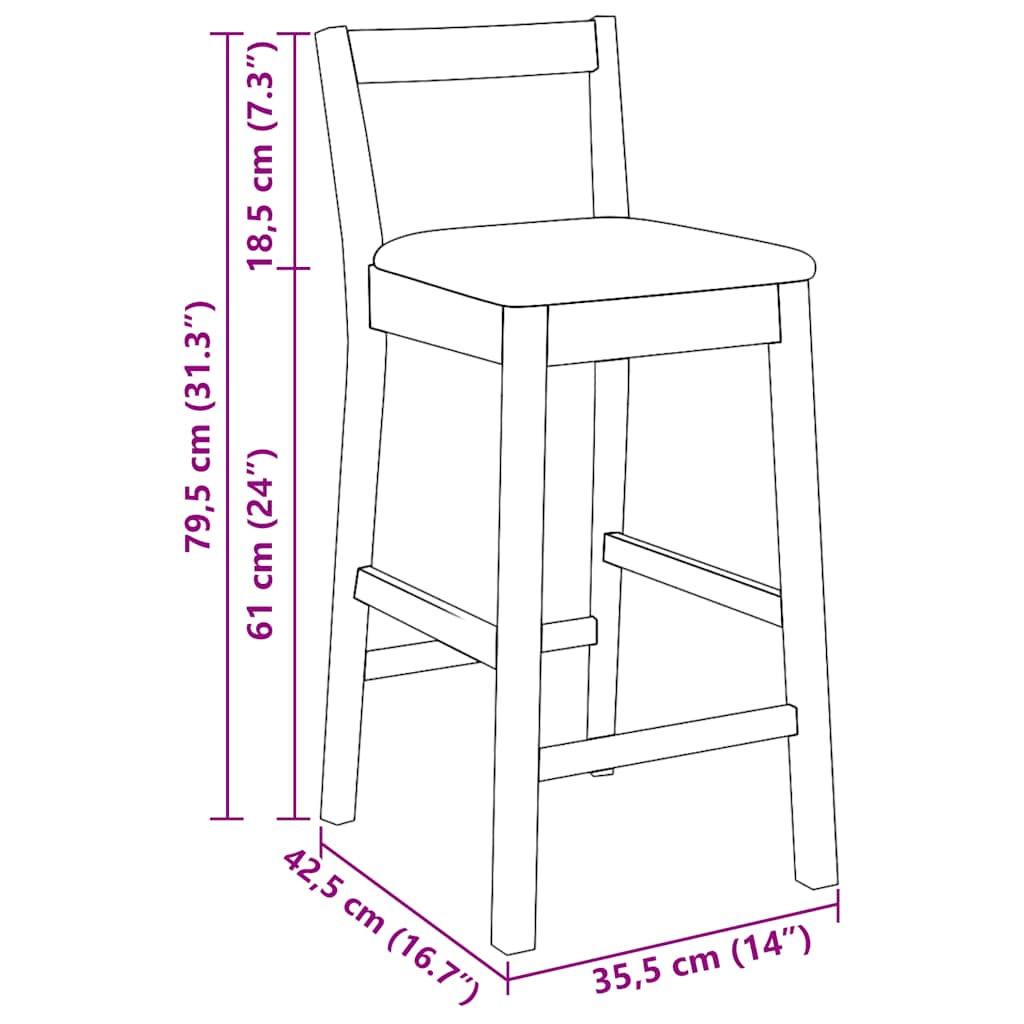 Kummipuidust baaritoolid, istmekõrgus 61 cm, 2 tk – tootevaade