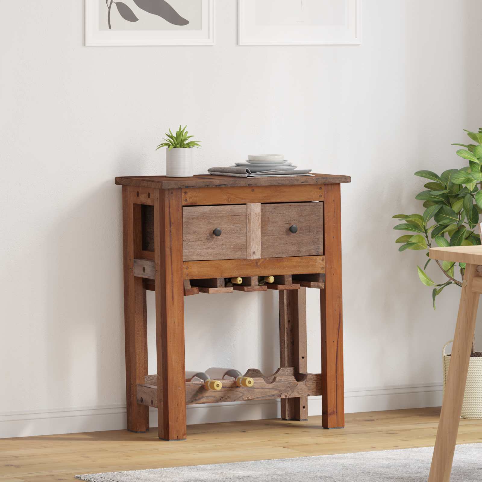 Pruun taaskasutatud puidust hoiukapp sahtli ja alumise riiuliga, 60 × 30 × 70 cm